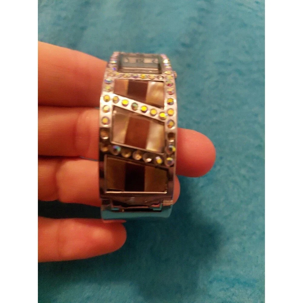 Narmi Womens Silver Tone Bling Square Hinged Cuff Bracelet Watch W/Stone Details